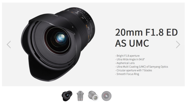 Samyang (Rokinon) Announces 20mm f/1.8 ED AS UMC Full-Frame Prime Lens